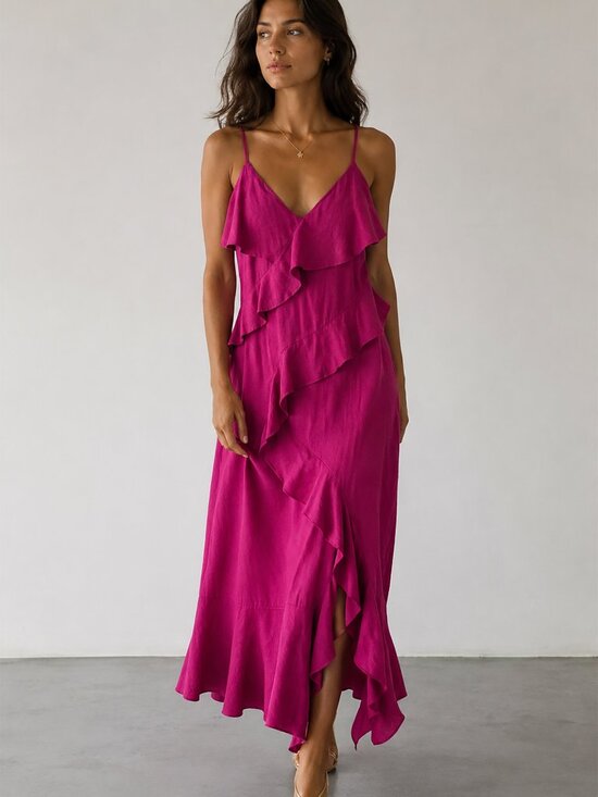 Zara Dresses & Skirts - ZARA Linen Blend Ruffle Maxi Dress L Fuchsia Pink Front Slit Adjustable Straps